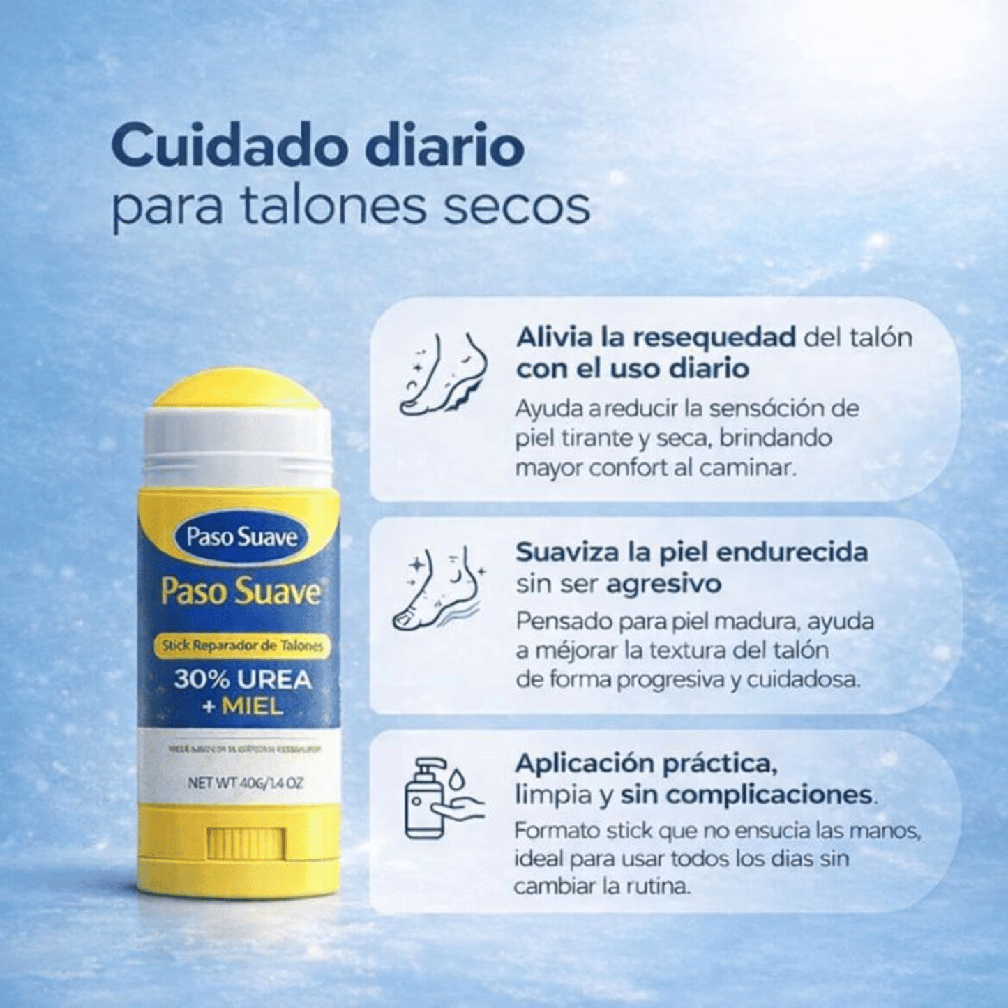 Paso Suave® – Stick reparador para talones secos